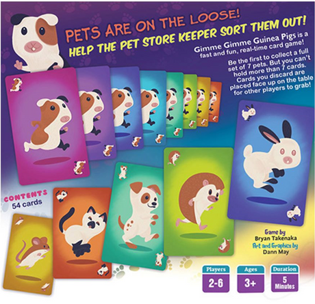 Gimme Gimme Guinea Pigs card game with colorful animal illustrations for 2-6 players ages 3+ and 5-minute playtime.