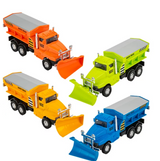 Four colorful Snow Plow Truck die-cast toy models with functional doors and push-back motion in orange, green, yellow, and blue.