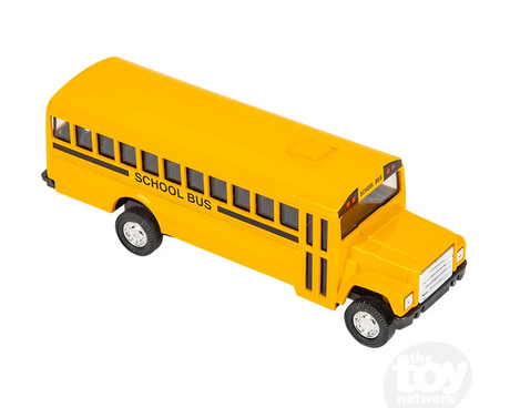 School Bus | 5-Inch die-cast yellow toy bus with pull-back action for kids ages 3 and up on hard surfaces.
