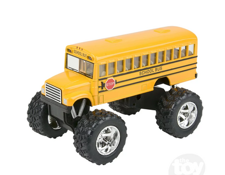 School Bus | Big Wheels 5” diecast monster school bus with large wheels and openable door, sturdy metal toy for ages 3 and up.