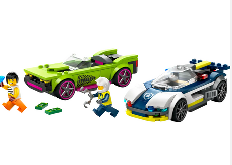 City Police Car and Muscle Car Chase set showing police interceptor, muscle car, and two minifigures in action chase scene.