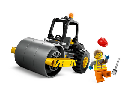 City Construction Steamroller toy with rolling drum, driver minifigure, warning beacon, and construction accessories.