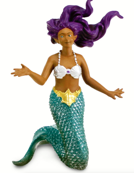 Mermaid with Purple Hair toy with vibrant purple hair, teal scaly tail, and shell bikini top, standing with arms open wide.