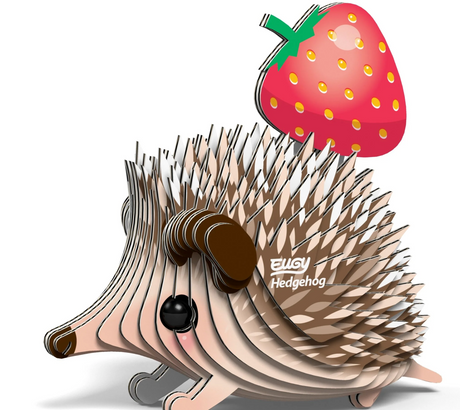 EUGY | Hedgehog 3D puzzle made of eco-friendly cardboard with colorful strawberry on its back, perfect for ages 6 and up.