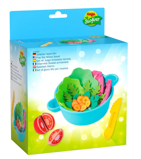 Mixed Salad Bowl toy set with play knife, salad bowl, tomatoes, lettuce, carrot slices, and assorted pretend vegetables.