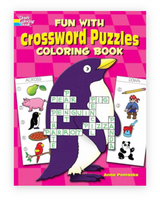 Fun With Crossword Puzzles coloring book cover with penguin and illustrated crossword clues for children’s learning and fun.