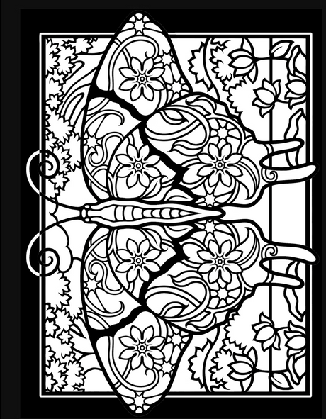 Fanciful Butterflies Stained Glass Coloring Book page with detailed butterfly and floral patterns for creative coloring.