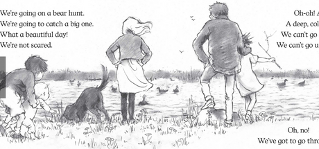 We're Going on a Bear Hunt 30th Anniversary black and white illustration of a family exploring outdoors.