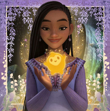 49pc Disney Wish Puzzles featuring Asha holding a glowing magical star in a colorful fantasy forest scene.