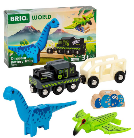 Dinosaur Battery Train with battery-powered engine, wagon, colorful dinosaur figures, and dinosaur eggs cargo playset.