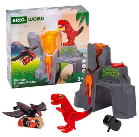 Dinosaur Erupting Volcano playset with T-Rex, Pteranodon, volcano with glowing lava and erupting steam effects.
