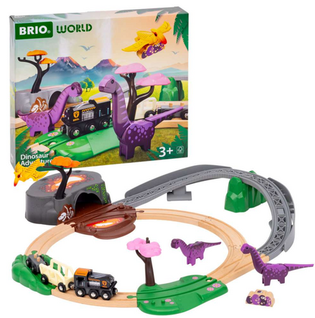 Dinosaur Adventure Set with 21 pieces, including train, colorful dinosaurs, lava cave, and scenic tracks for imaginative play.