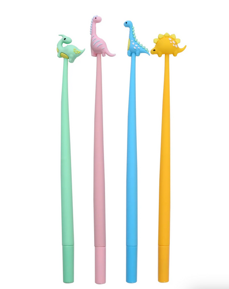 Jurassic Dinosaur Wiggle Gel Pen set with colorful gel pens topped with cute wiggling dinosaur figures for fun writing.