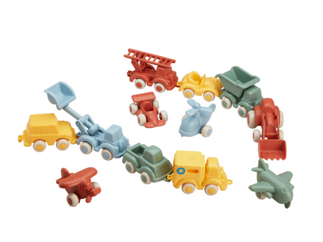 Re:line Chubbie Mini assorted colorful toy vehicles made from 100% recycled plastic, eco-friendly and dishwasher-safe.