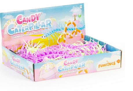 Candy Caterpillar pastel chenille stretchy toy in assorted colors, shown in a colorful retail display box.