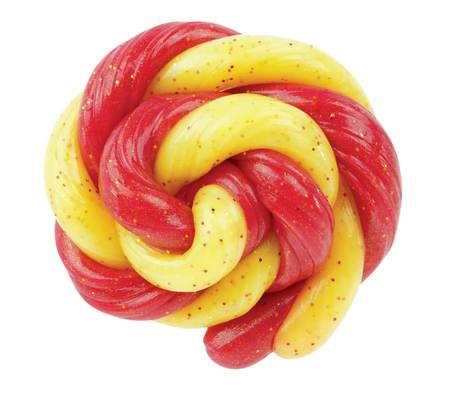 Mini Color Change Ketchup & Mustard Thinking Putty twisted with red and yellow colors and speckles.