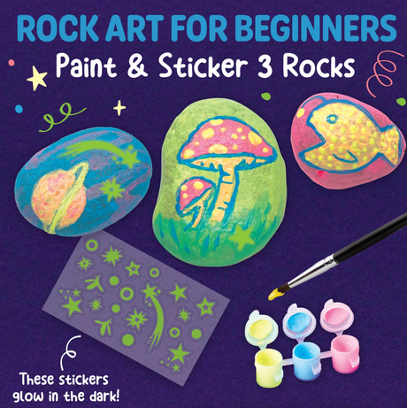 Glow in the Dark Rocks showing painted rocks, glow in the dark stickers, paint pots, and a paintbrush for kids' rock art.