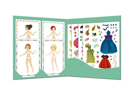Massive Fashion Stickers & Dolls featuring 4 diverse paper dolls with repositionable outfits in a travel-friendly folder.