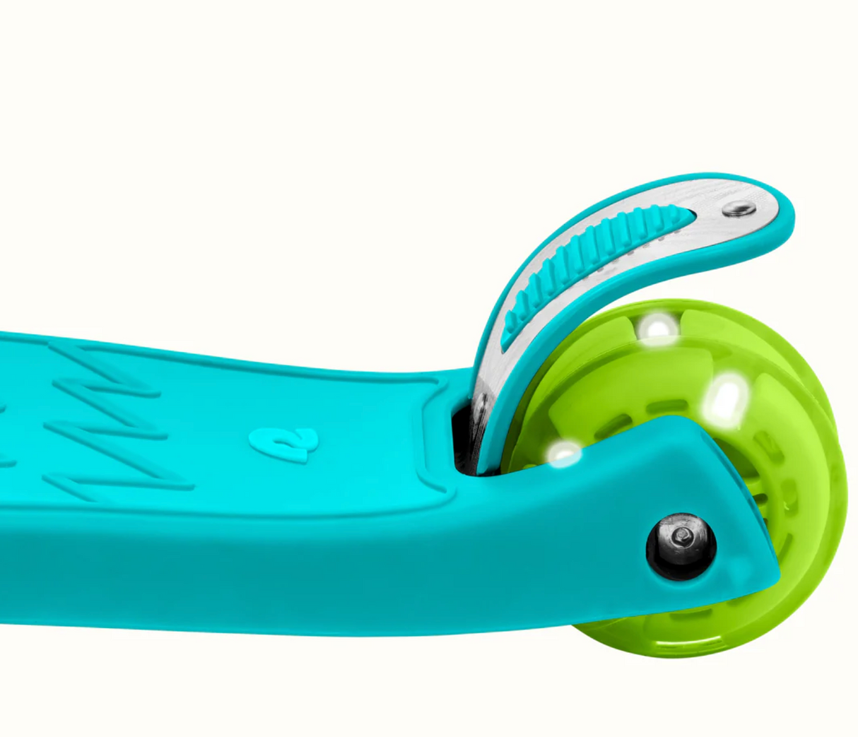 Close-up of turquoise Chipmunk Plus Kids' Kick Scooter showing light-up green rear wheel and brake pedal.