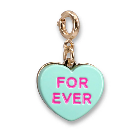 Gold Candy Heart Charm with turquoise enamel and pink "FOR EVER" text, perfect for bracelets or necklaces.