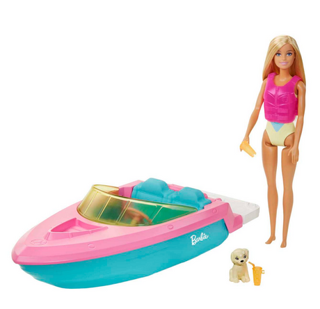 Barbie & Boat set with pink and blue speedboat, Barbie doll in life vest, small puppy, and drink accessory.