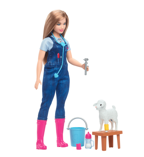 Barbie Livestock Veterinarian doll in blue overalls with pink boots, holding vet tools with lamb and accessories.