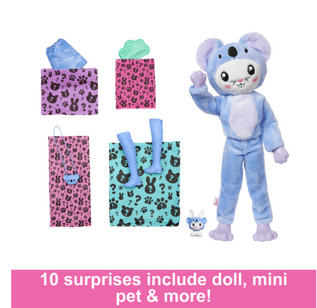 Barbie Cutie Reveal Bunny/Koala doll in plush costume with mini pet, boots, necklace, and accessories displayed.