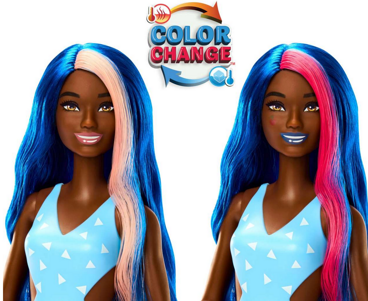 Barbie Pop Reveal Blue doll with color-change blue and pink hair and matching blue outfit, showing transformation effect.