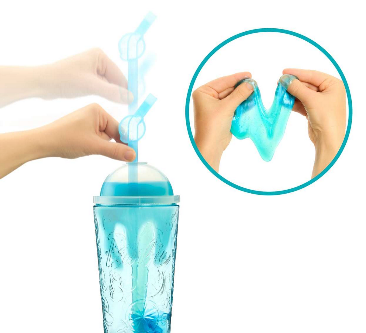 Barbie Pop Reveal Blue showing unboxing cup and stretchy blue slime sensory surprise toy.