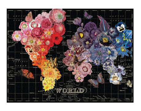 1000pc World Full Bloom Puzzle featuring vibrant vintage flowers and butterflies overlaid on a world map with a black background.