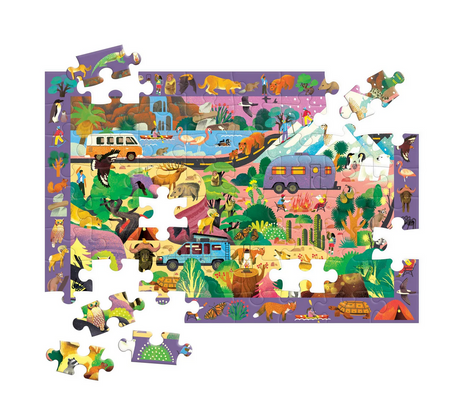64pc Great Outdoors Search & Find Puzzle with outdoor animals and plants, partially assembled colorful adventure scene.