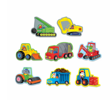 2pc Construction Site First Puzzle with colorful illustrated construction vehicles for toddlers ages 2 to 4 years.