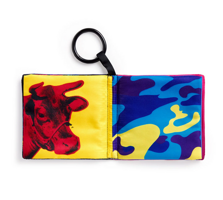 Andy Warhol Crinkle Stroller Book with colorful fabric pages and a clip for stroller attachment, promoting early learning.