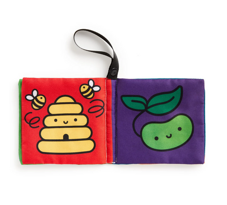 Colorful open Nature Baby Crinkle Stroller Book with fabric pages featuring bees, a hive, and a smiling green plant.