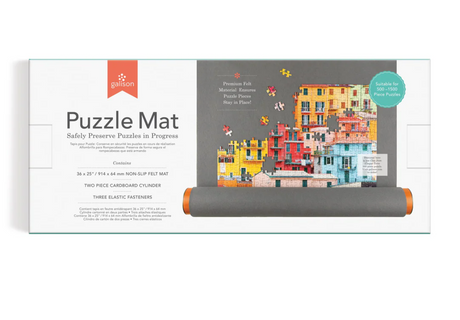 Puzzle Mat with premium non-slip felt, elastic straps, and cardboard cylinder for 500-1500 piece puzzles.