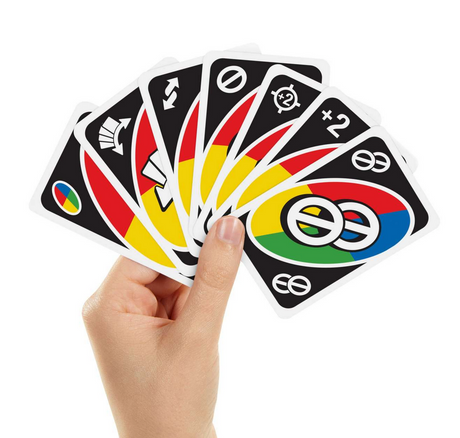 Hand holding colorful and unique action cards from the fast-paced UNO All Wild! card game set.