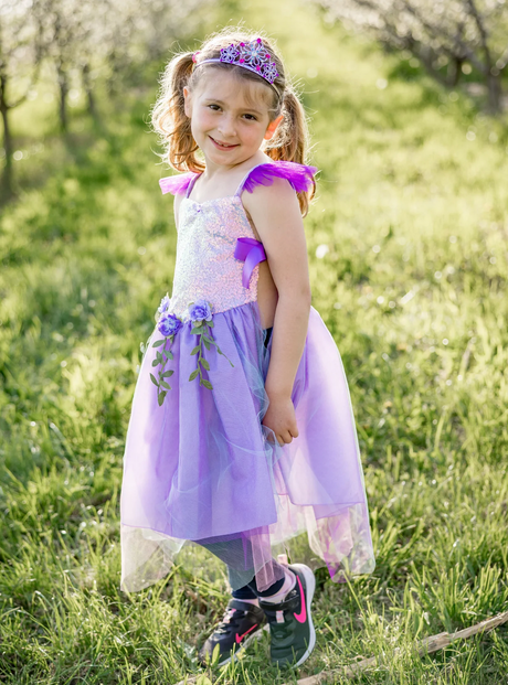 Lilac Sequins Fairy Tunic | Size 5-6 worn by girl outdoors, featuring purple sequins and floral organza skirt.