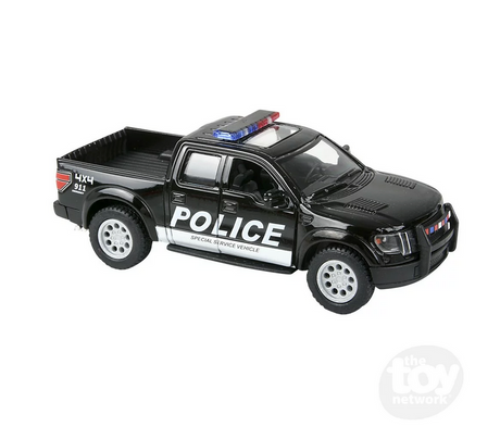 Ford F150 Police/Firefighter die-cast 2013 black police truck with pull back action and opening doors toy.