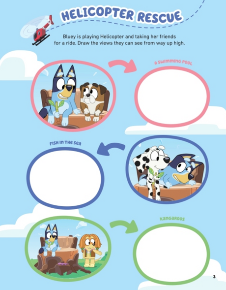 Bluey Stickety Stick Sticker & Activity Book page with helicopter rescue scenes and drawing prompts for kids.