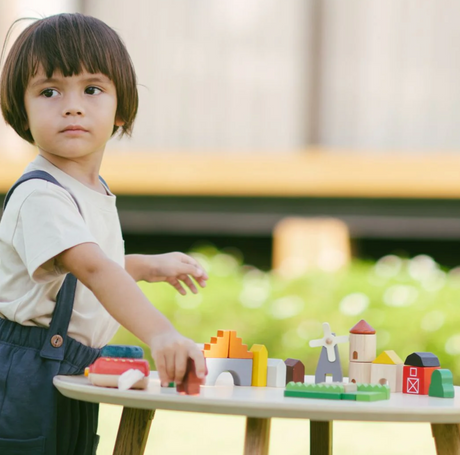 Child playing with colorful wooden farm blocks on a table, showcasing the Country Blocks sustainable toy set.