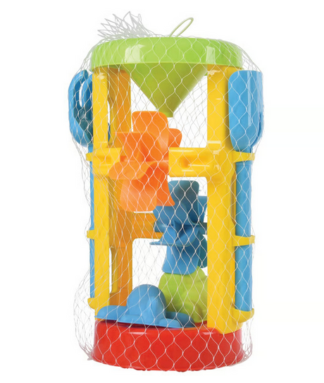 Sand Wheel Toy with funnel, spinning whirlygigs, shovel, hand rake, and sand molds in a net bag package.