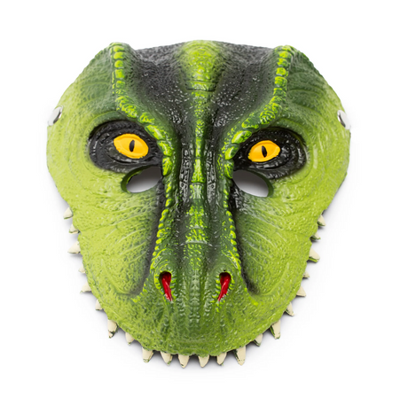T-Rex Dino Mask with vibrant green hues and yellow eyes, made of durable rubber for imaginative play.