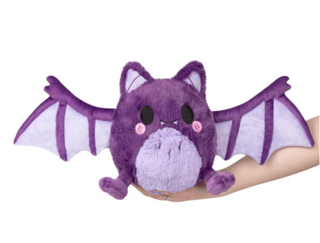 Spooky Bat Mini plush toy in purple with outstretched wings, held in hand, soft polyester fiber design.