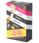 Taco Cat Goat Cheese Pizza: On the Flip Side game box with colorful stripes and character illustrations.