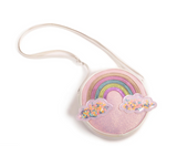 Somewhere Over the Rainbow Purse with colorful rainbow and fluffy clouds featuring sparkly loose glitter embellishments.