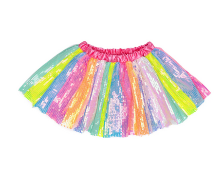 Sequins Skirt | Stripy Size 4-6 neon tutu with vibrant rainbow stripes, sparkling sequins, and satin pink waistband.
