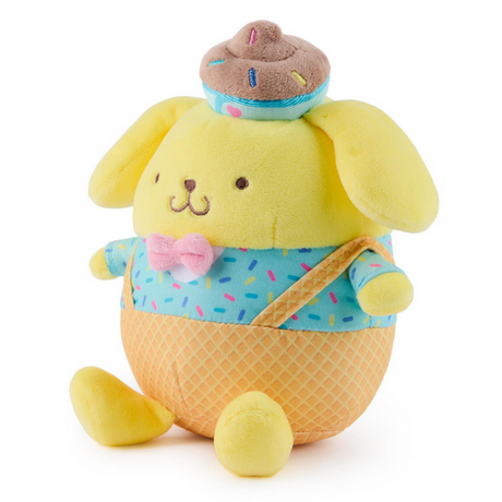 Pompompurin Ice Cream plush with waffle cone pants, blue sprinkle shirt, pink bowtie, and chocolate ice cream hat.