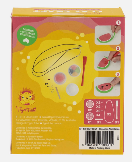 Clay Craft | Sweeties Necklaces kit showing clay pots, necklace cords, and step-by-step watermelon charm creation on packaging.