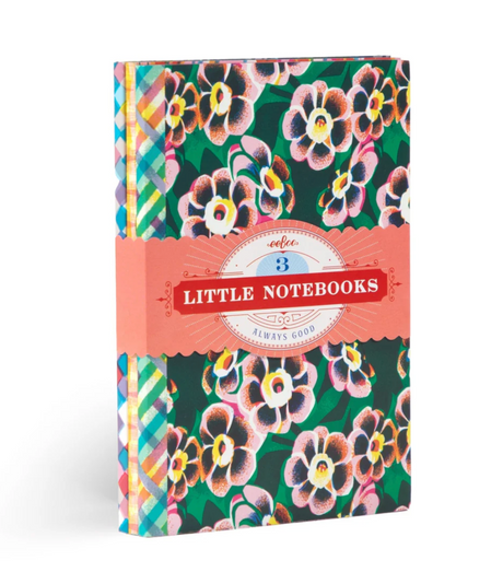 Three floral graphic little notebooks with belly band, colorful gilded edges, titled Little Notebooks | Asta's.