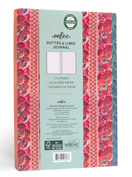 Abundant Bouquet Journal showing floral art cover with dot grid and lined pages, 112 gilt-edged recycled paper sheets.